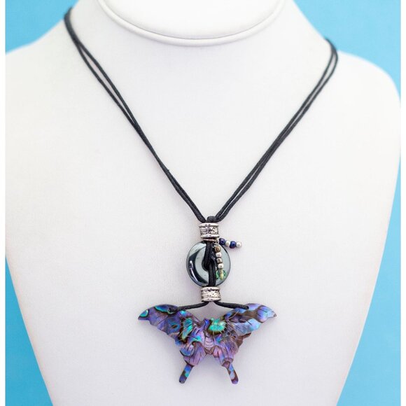 Vintage Art nouveau Abalone Butterfly Pendant Necklace 24 Inch - S24 - Picture 3 of 4